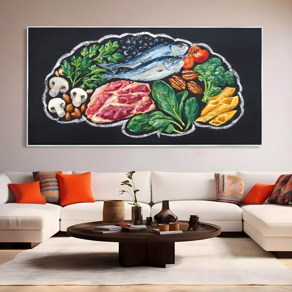 Tablou canvas cu pictura cu alimente variate pe fundal negru, in rama de aluminiu argintiu, pe perete intr-un living